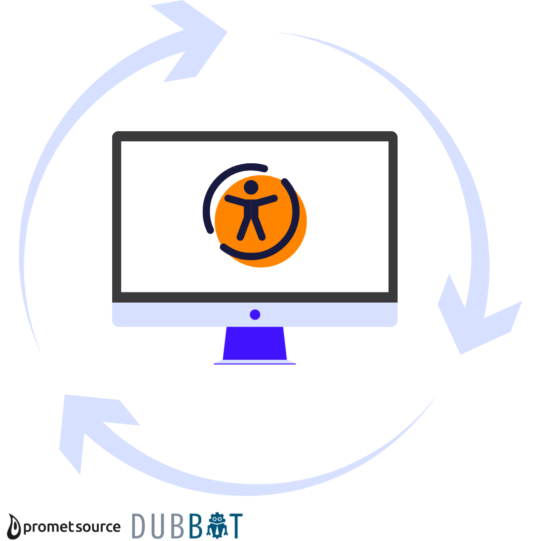 Computer screen displaying the accessibility icon, surrounded by a circular arrow loop, with Promet Source and DubBot logos at the bottom.